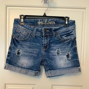 WallFlower Denim Shorts Womens Juniors Distressed Cuffed Mid Rise Size 7